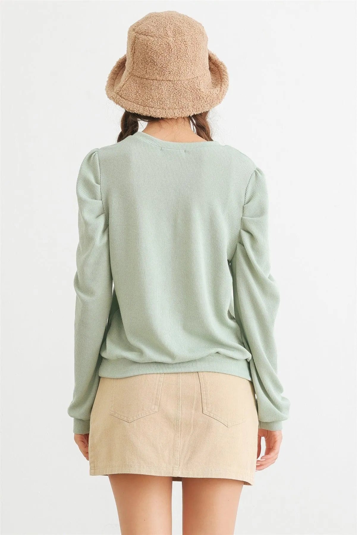 Sage Ribbed Crew Neck Puff Long Sleeve Top /2-2-2 - Tasha Apparel Wholesale