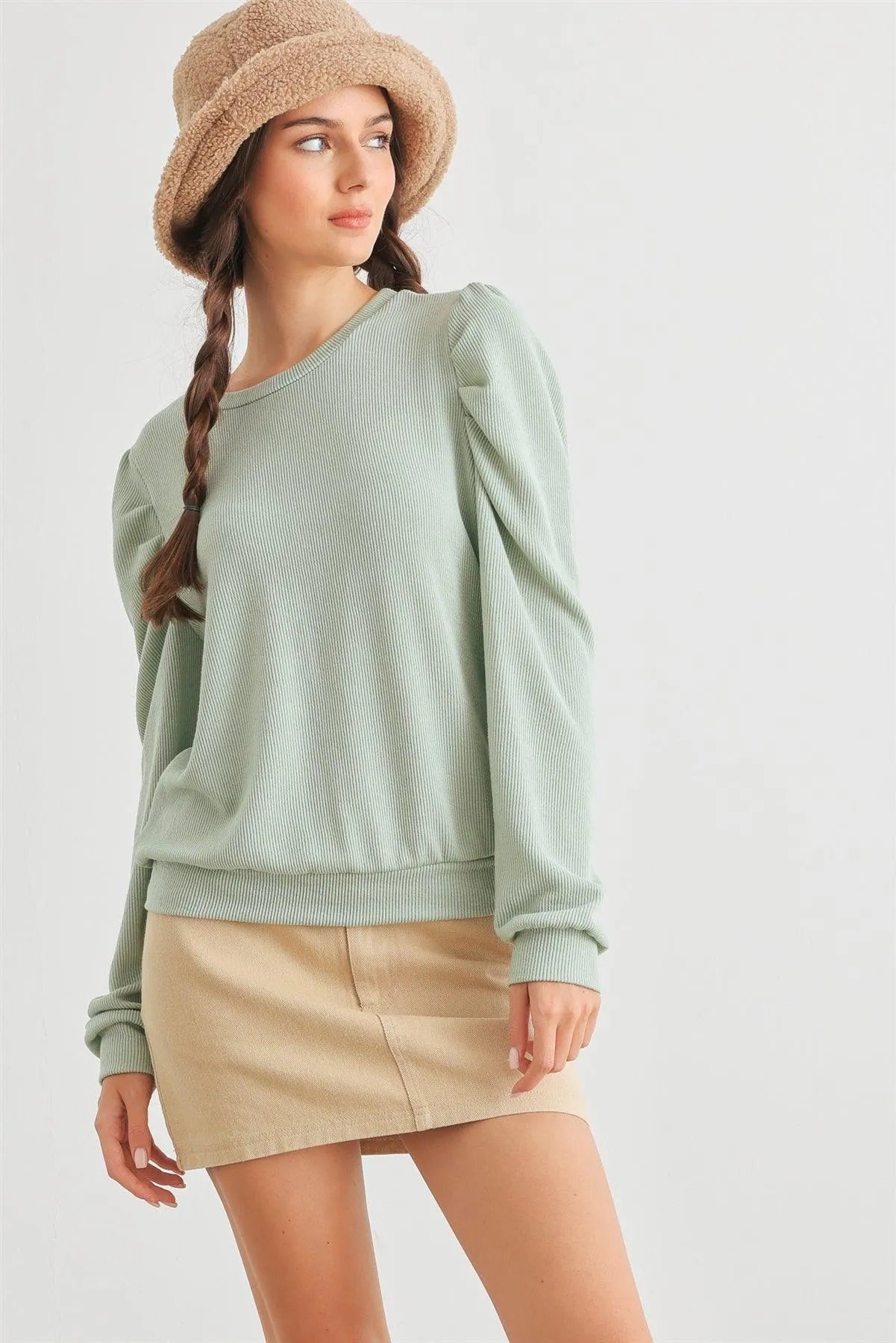 Sage Ribbed Crew Neck Puff Long Sleeve Top /2-2-2 - Tasha Apparel Wholesale