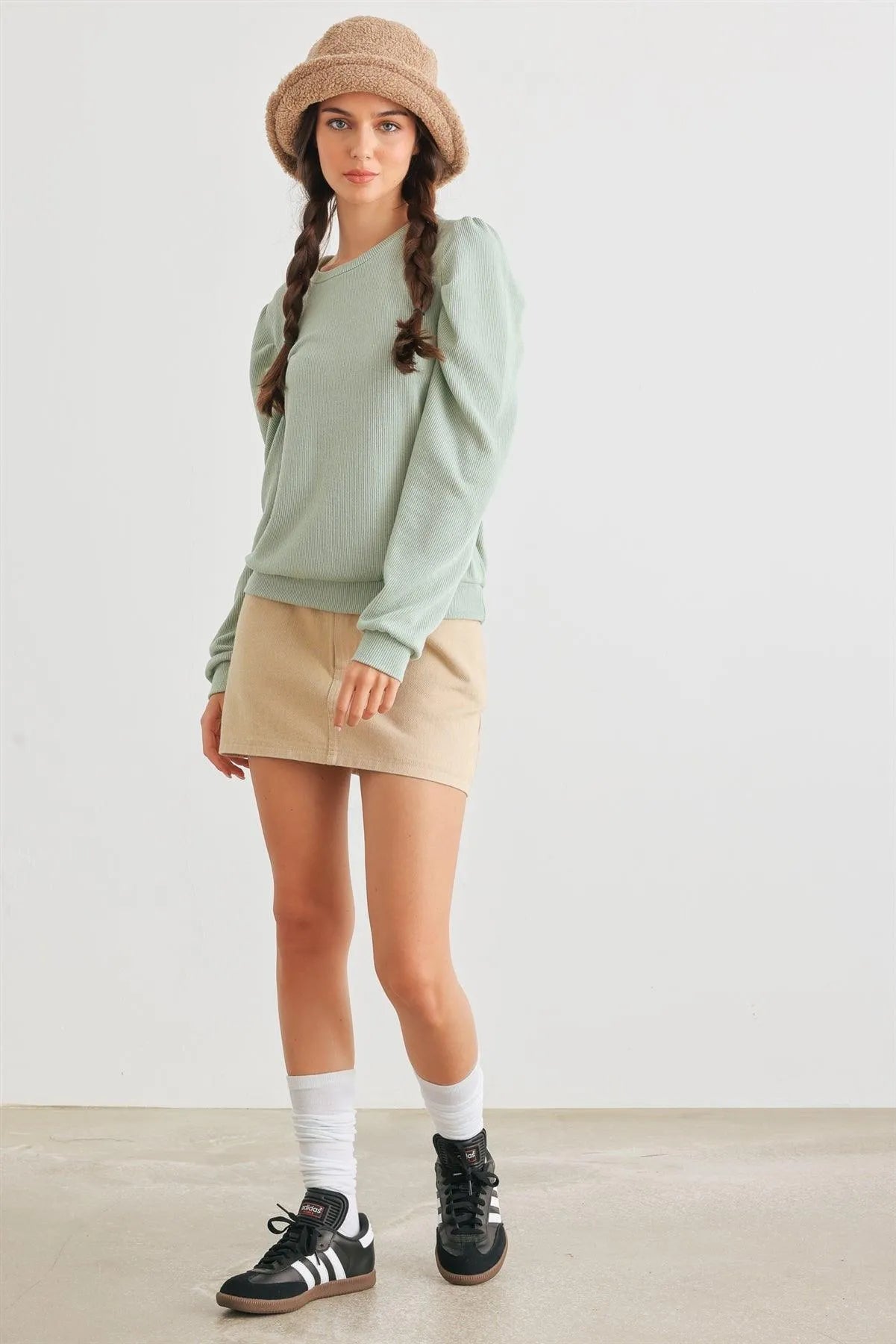 Sage Ribbed Crew Neck Puff Long Sleeve Top /2-2-2 - Tasha Apparel Wholesale