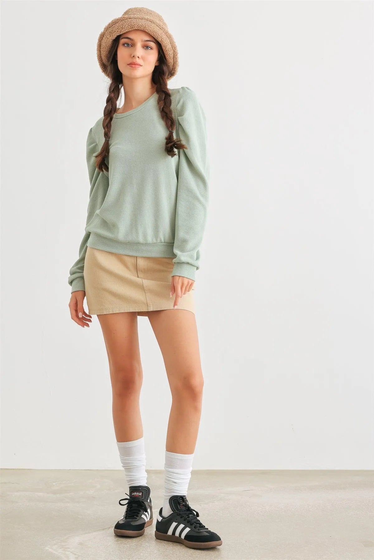Sage Ribbed Crew Neck Puff Long Sleeve Top /2-2-2 - Tasha Apparel Wholesale