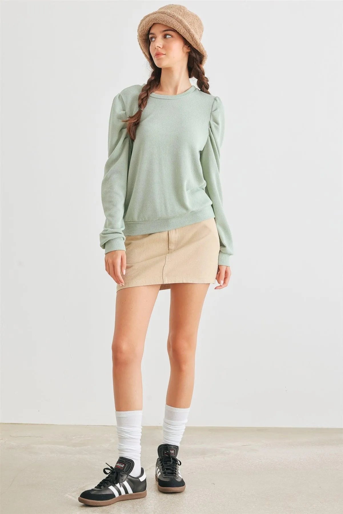 Sage Ribbed Crew Neck Puff Long Sleeve Top /2-2-2 - Tasha Apparel Wholesale