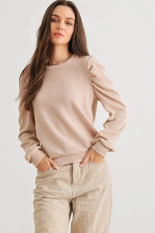 Sand Ribbed Crew Neck Puff Long Sleeve Top /2-2-2 - Tasha Apparel Wholesale