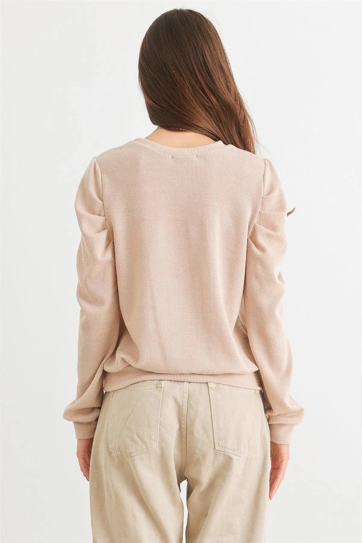 Sand Ribbed Crew Neck Puff Long Sleeve Top /2-2-2 - Tasha Apparel Wholesale