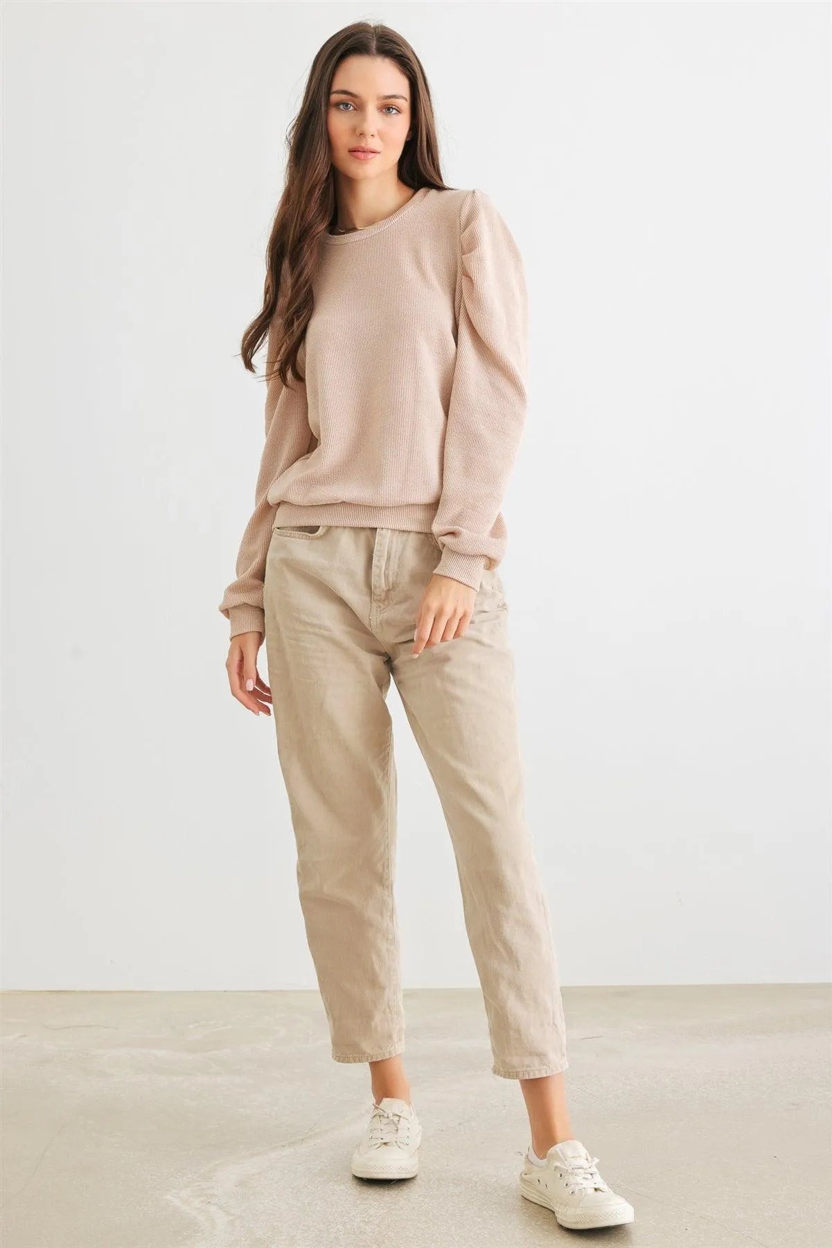Sand Ribbed Crew Neck Puff Long Sleeve Top /2-2-2 - Tasha Apparel Wholesale