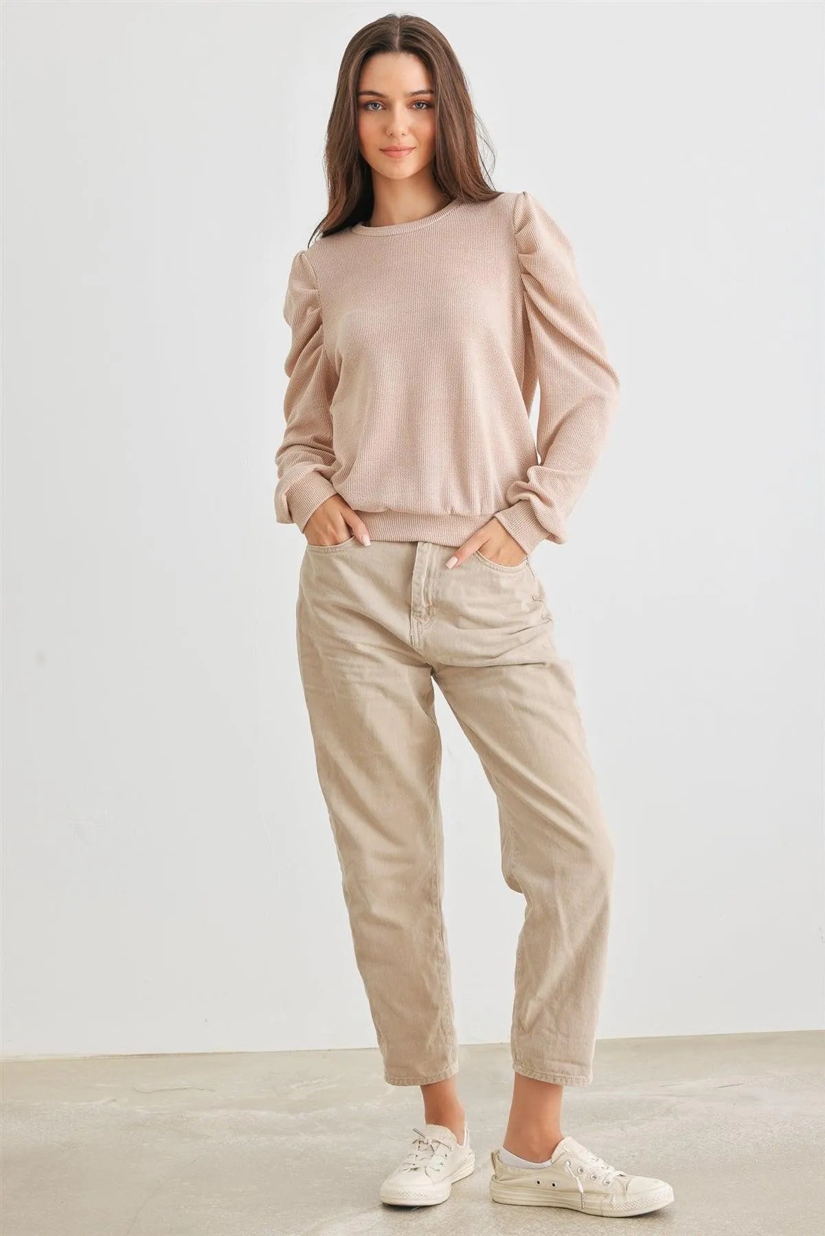 Sand Ribbed Crew Neck Puff Long Sleeve Top /2-2-2 - Tasha Apparel Wholesale