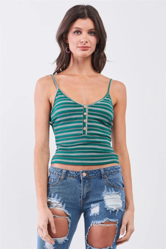 Green Striped Sleeveless V-Neck Button Front Cami Top /2-2-2 - Tasha Apparel Wholesale