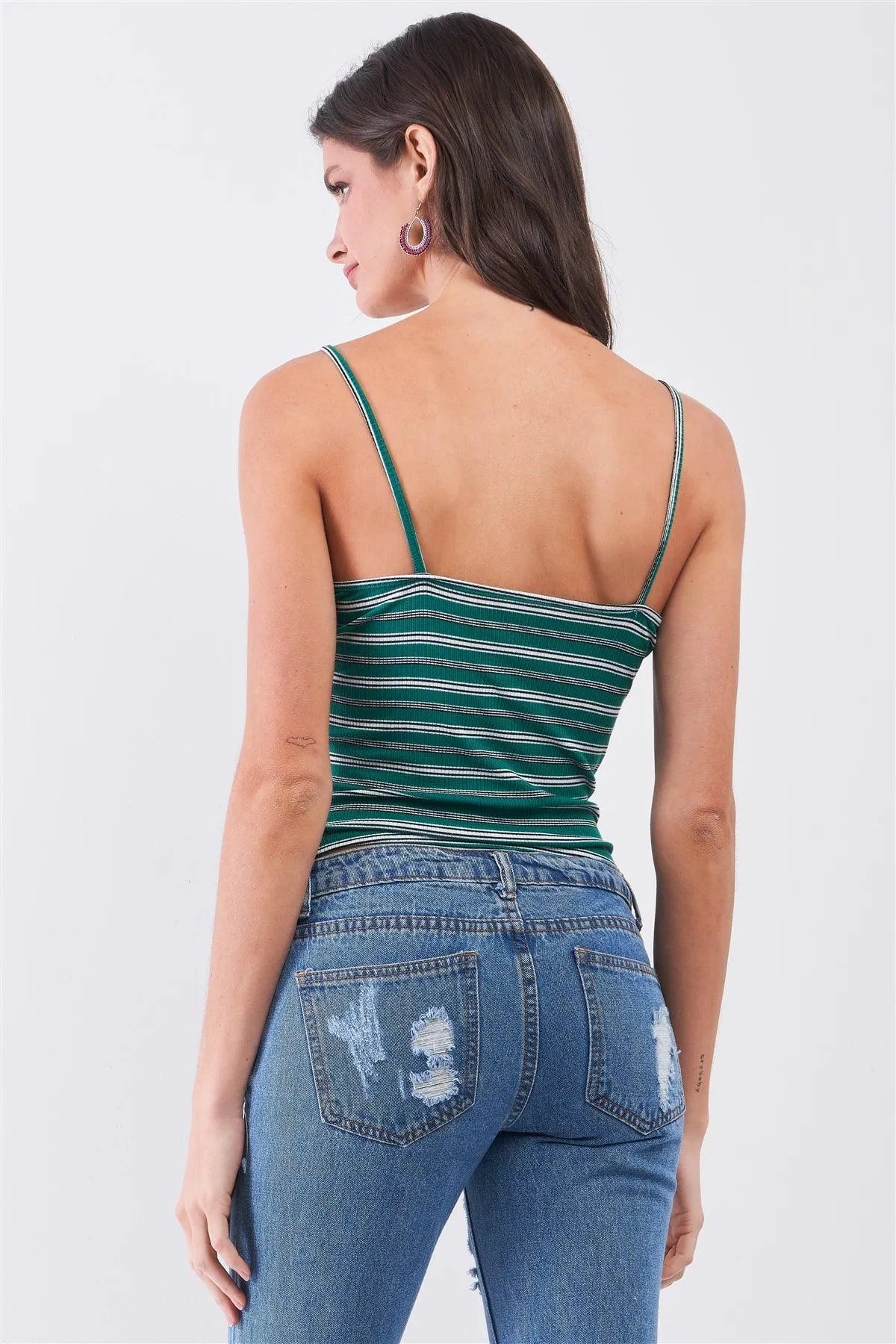 Green Striped Sleeveless V-Neck Button Front Cami Top /2-2-2 - Tasha Apparel Wholesale