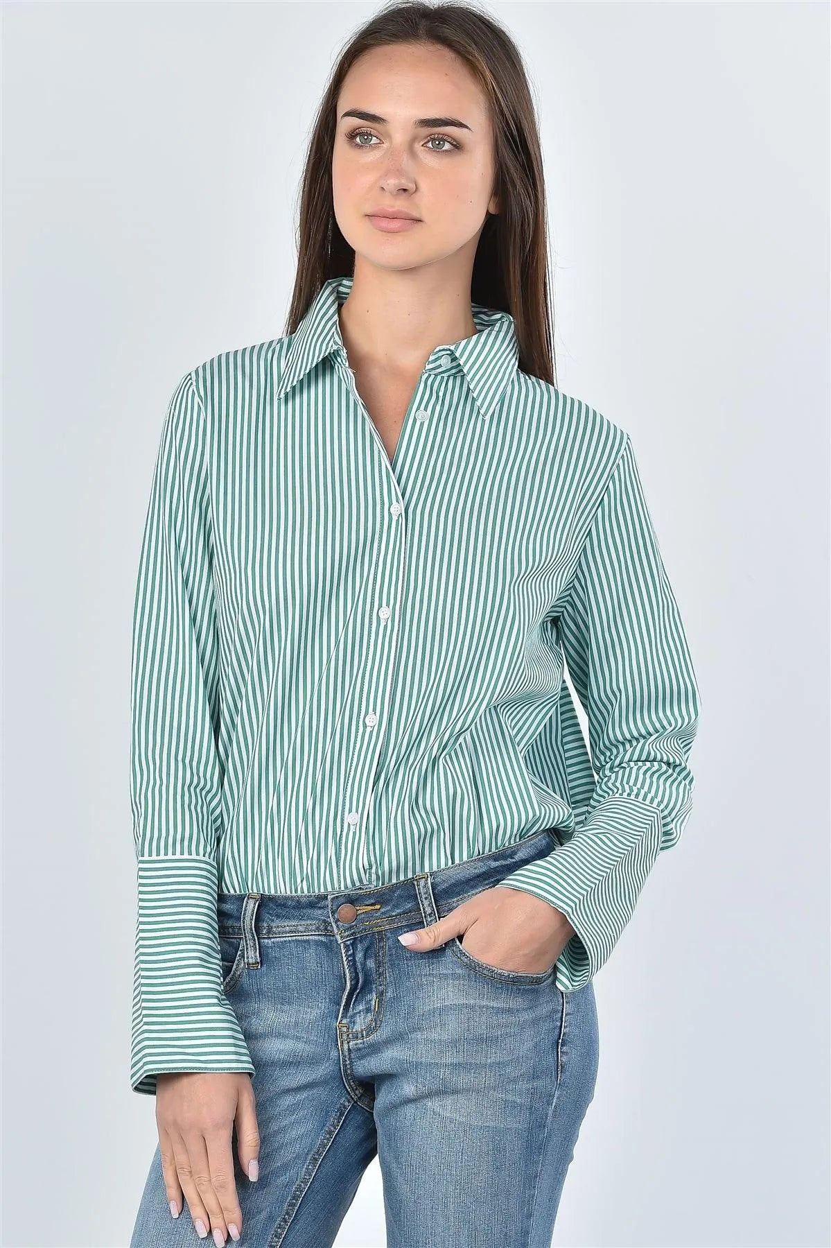 Green Stripe Print Back Layered Ruffle Cut Out Bodysuit /3-2-1 - Tasha Apparel Wholesale