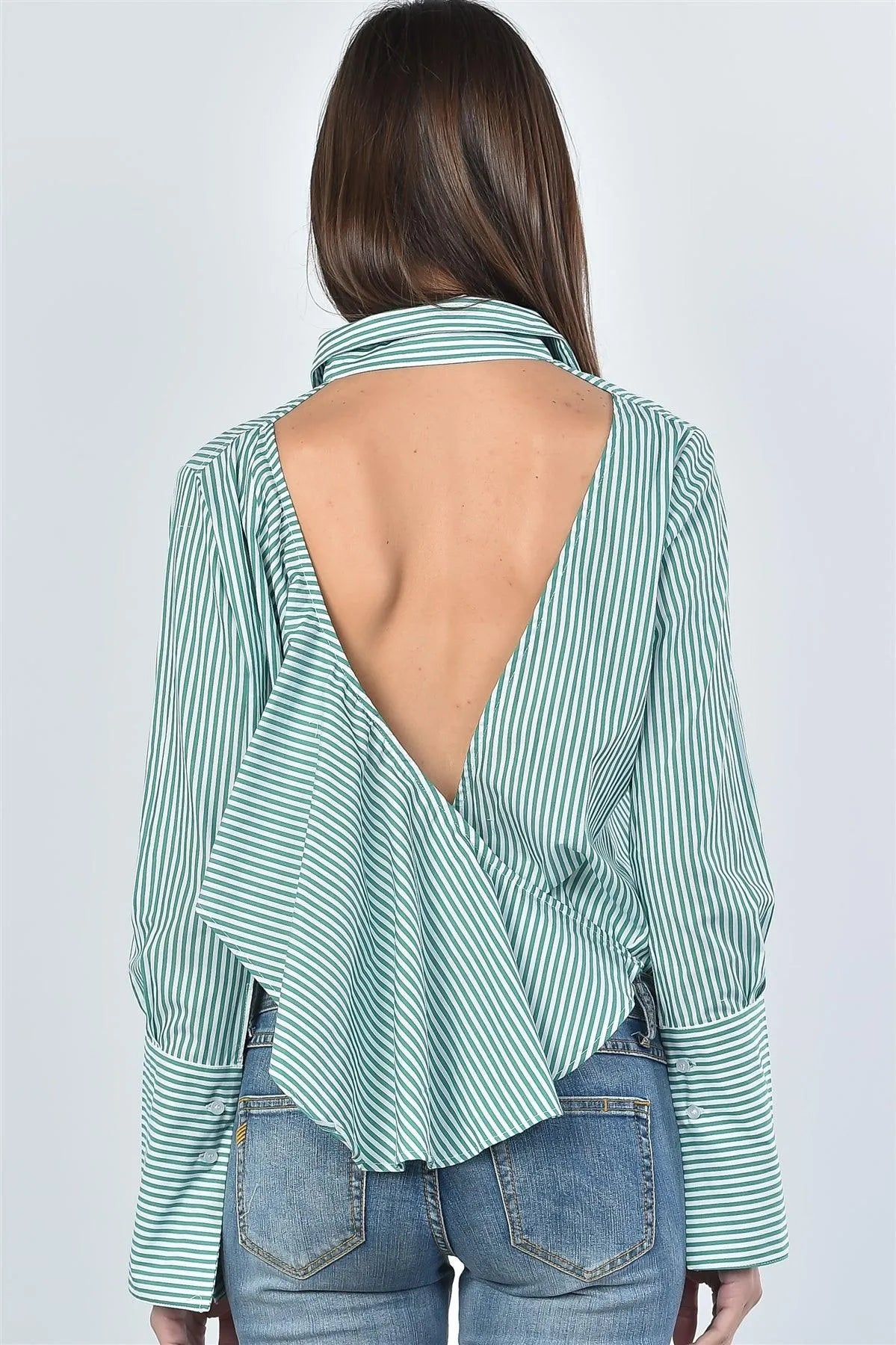 Green Stripe Print Back Layered Ruffle Cut Out Bodysuit /3-2-1 - Tasha Apparel Wholesale