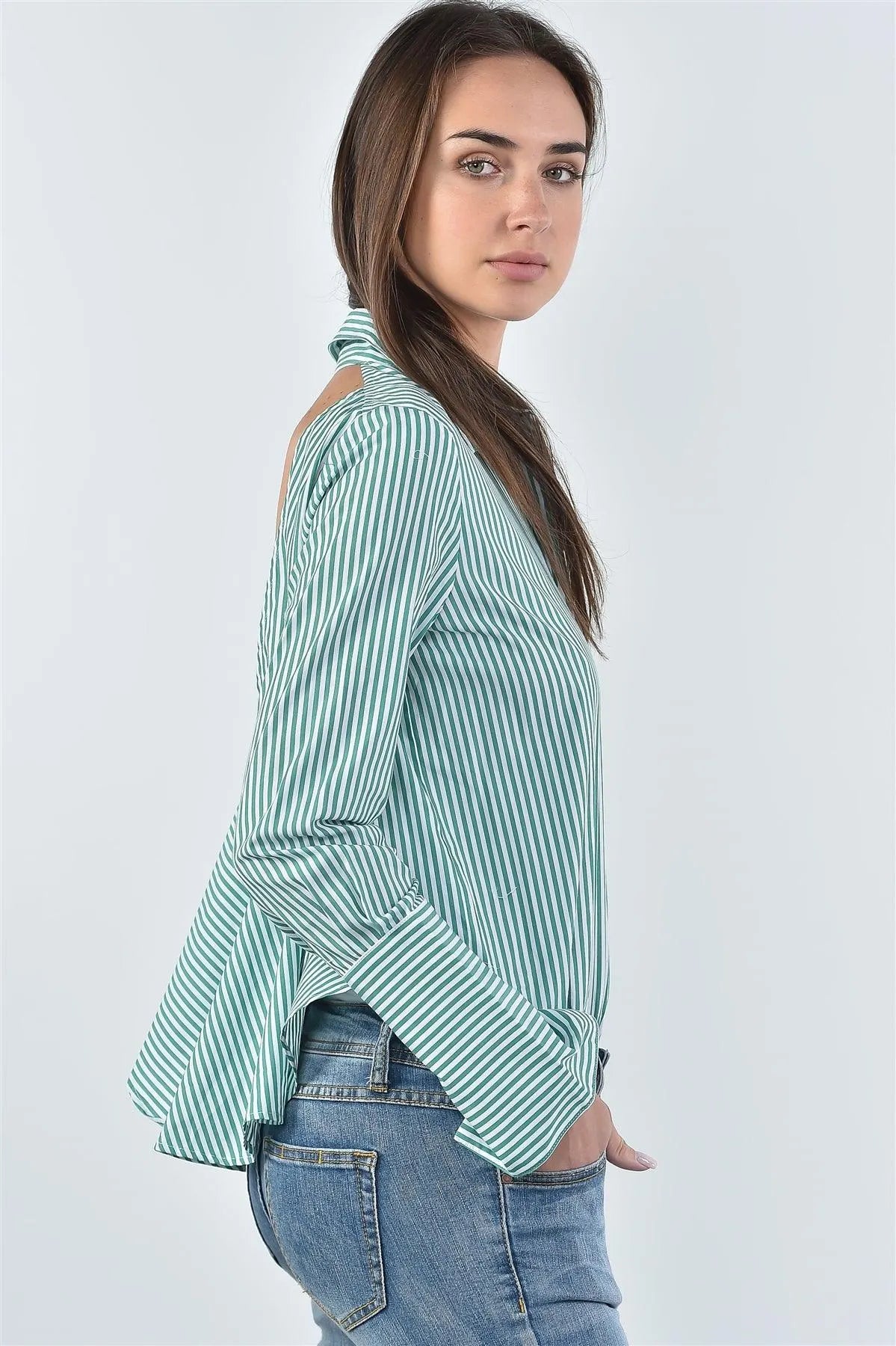 Green Stripe Print Back Layered Ruffle Cut Out Bodysuit /3-2-1 - Tasha Apparel Wholesale