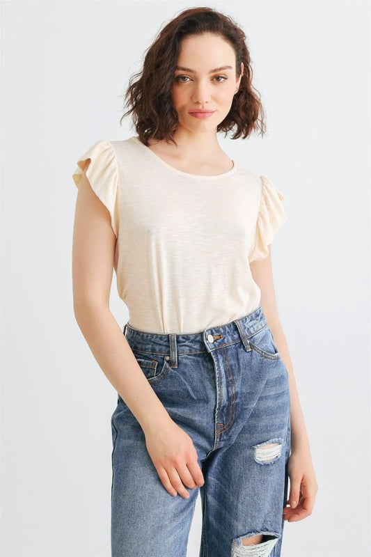 Cream Cotton Blend Ruffled Sleeve Round Neck Top - Tasha Apparel Wholesale
