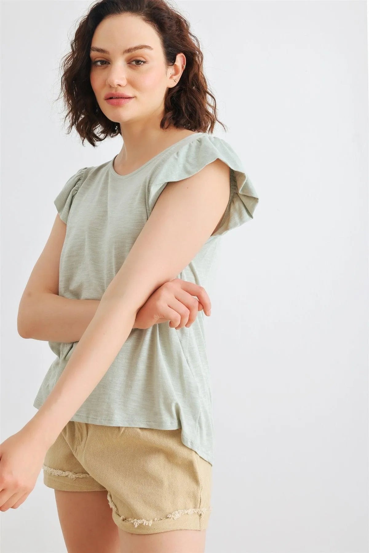 Sage Cotton Blend Short Sleeve Round Neck Top /2-2-2 - Tasha Apparel Wholesale