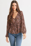 Brown & Blush Floral V-Neck Long Sleeve Flare Hem Top /2-2-2 - Tasha Apparel Wholesale