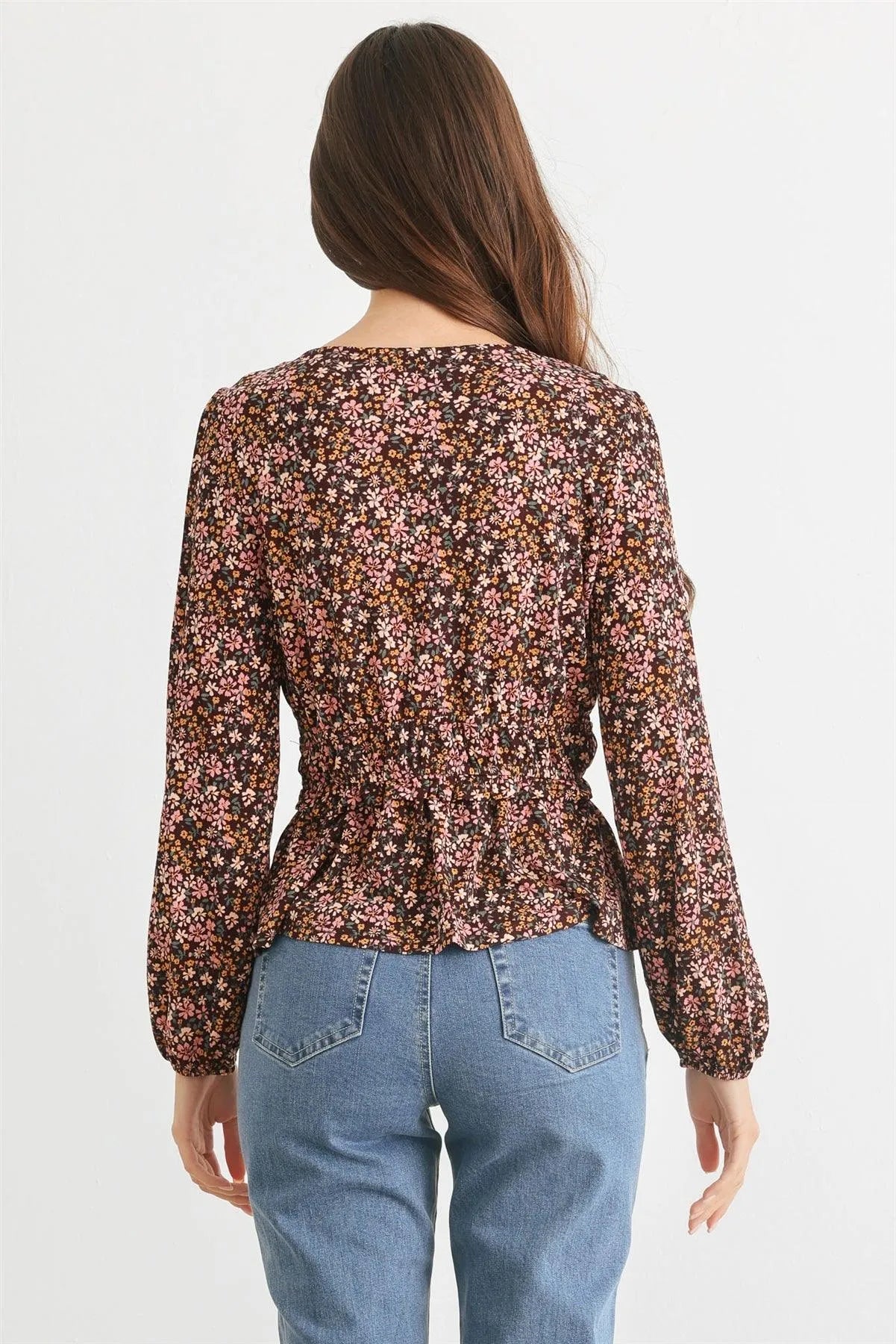 Brown & Blush Floral V-Neck Long Sleeve Flare Hem Top /2-2-2 - Tasha Apparel Wholesale