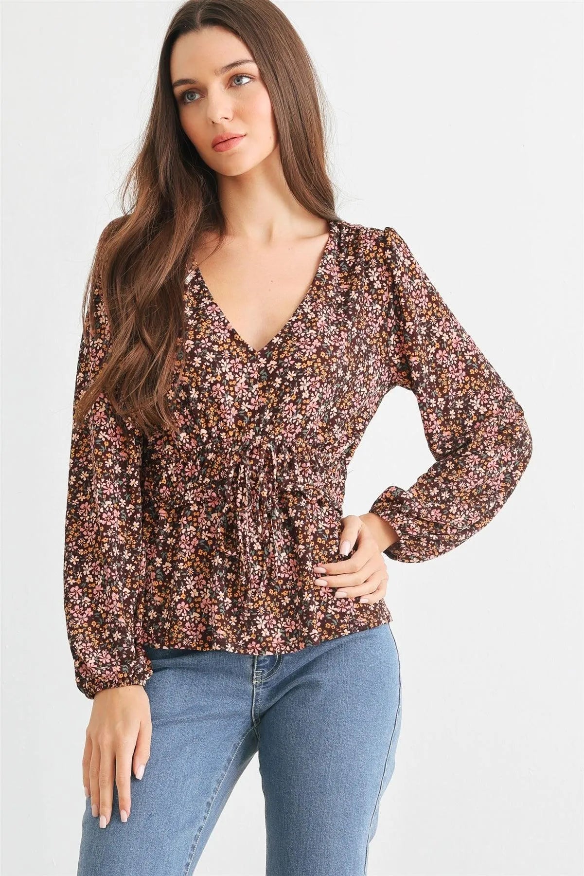 Brown & Blush Floral V-Neck Long Sleeve Flare Hem Top /2-2-2 - Tasha Apparel Wholesale