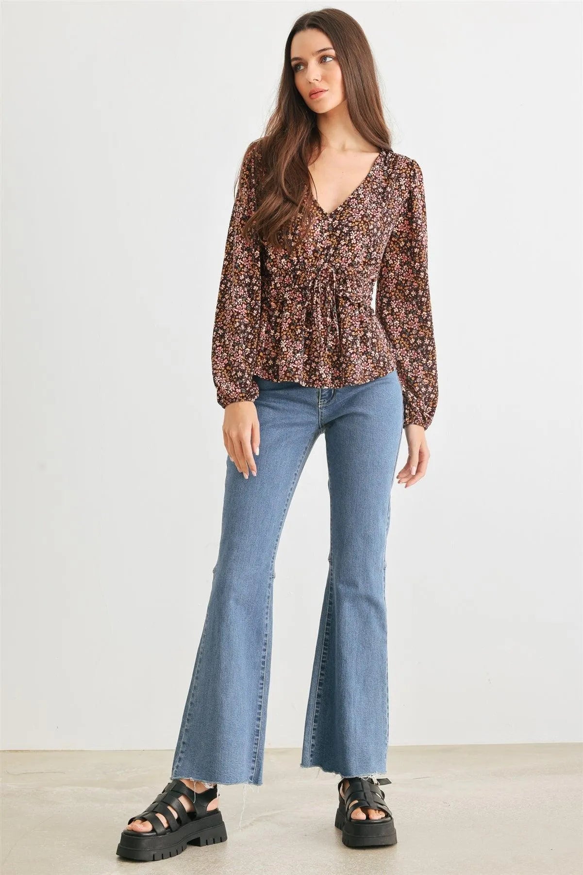 Brown & Blush Floral V-Neck Long Sleeve Flare Hem Top /2-2-2 - Tasha Apparel Wholesale