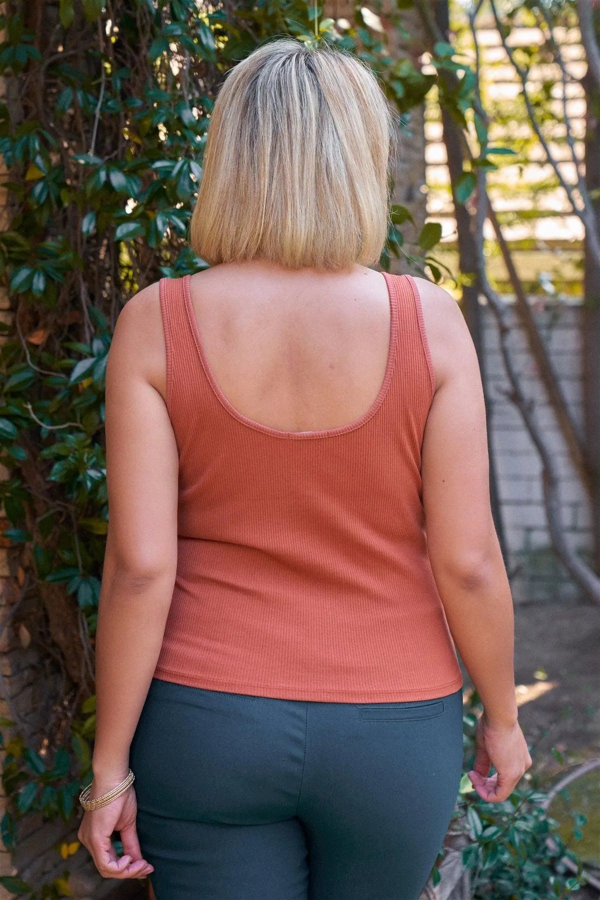 Junior Plus Terracotta Sleeveless Round Neck With Split Detail Ribbed Top /2-2-2 - Tasha Apparel Wholesale