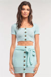 Mint Ribbed Scoop Neck Button Down Crop & Mock Wrap Mini Skirt Set /1-2-2-1 - Tasha Apparel Wholesale