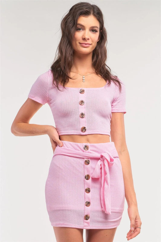 Pink Ribbed Scoop Neck Button Down Crop & Mock Wrap Mini Skirt Set /1-2-2-1 - Tasha Apparel Wholesale