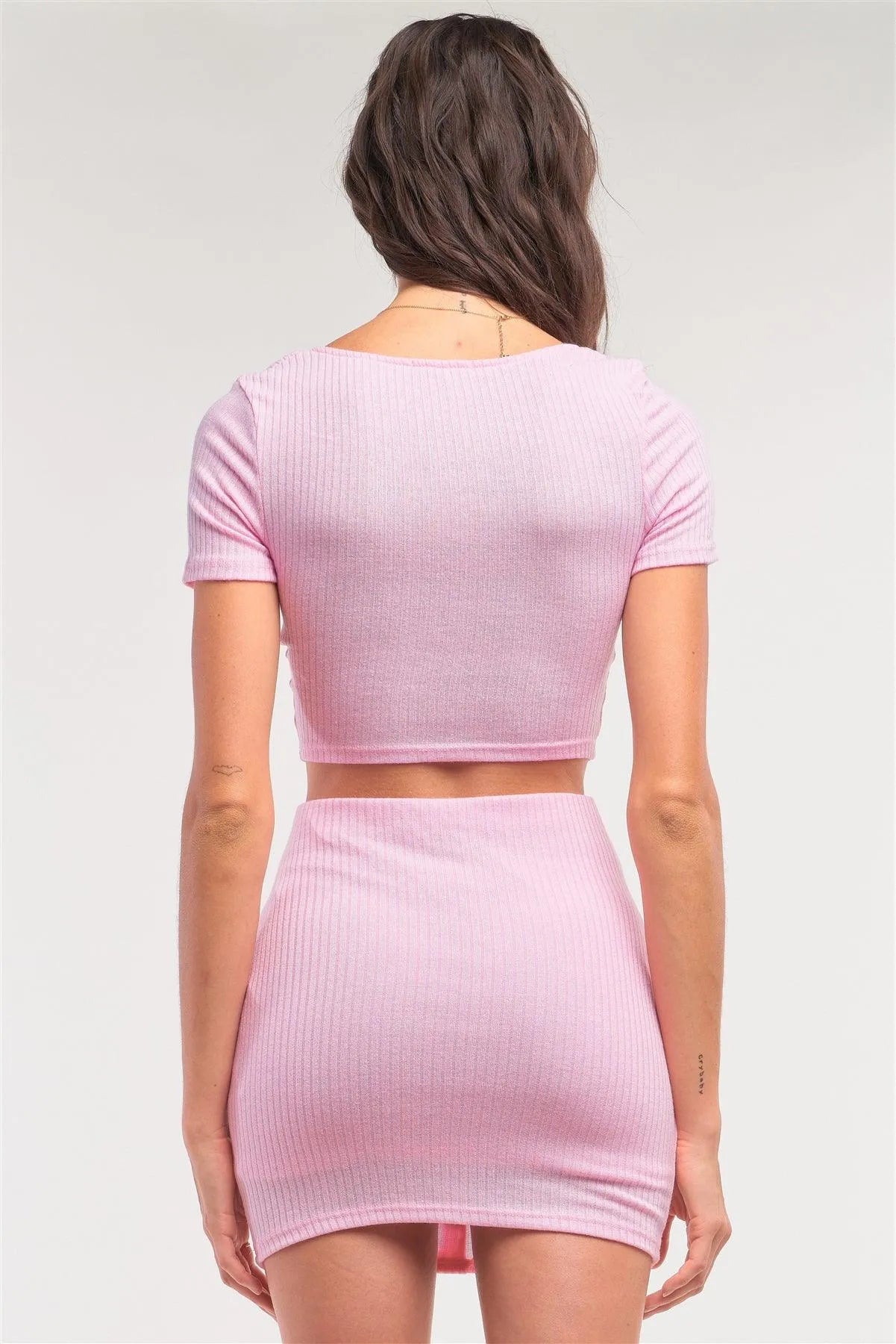 Pink Ribbed Scoop Neck Button Down Crop & Mock Wrap Mini Skirt Set /1-2-2-1 - Tasha Apparel Wholesale