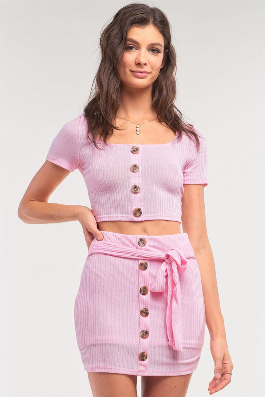 Pink Ribbed Scoop Neck Button Down Crop & Mock Wrap Mini Skirt Set