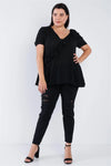 Junior Plus Size Black V-Neck Diagonal Ruffle Trim Short Sleeve Top /2-2-2 - Tasha Apparel Wholesale