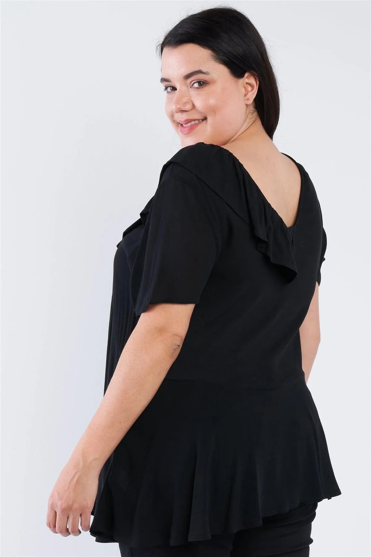 Junior Plus Size Black V-Neck Diagonal Ruffle Trim Short Sleeve Top /2-2-2 - Tasha Apparel Wholesale