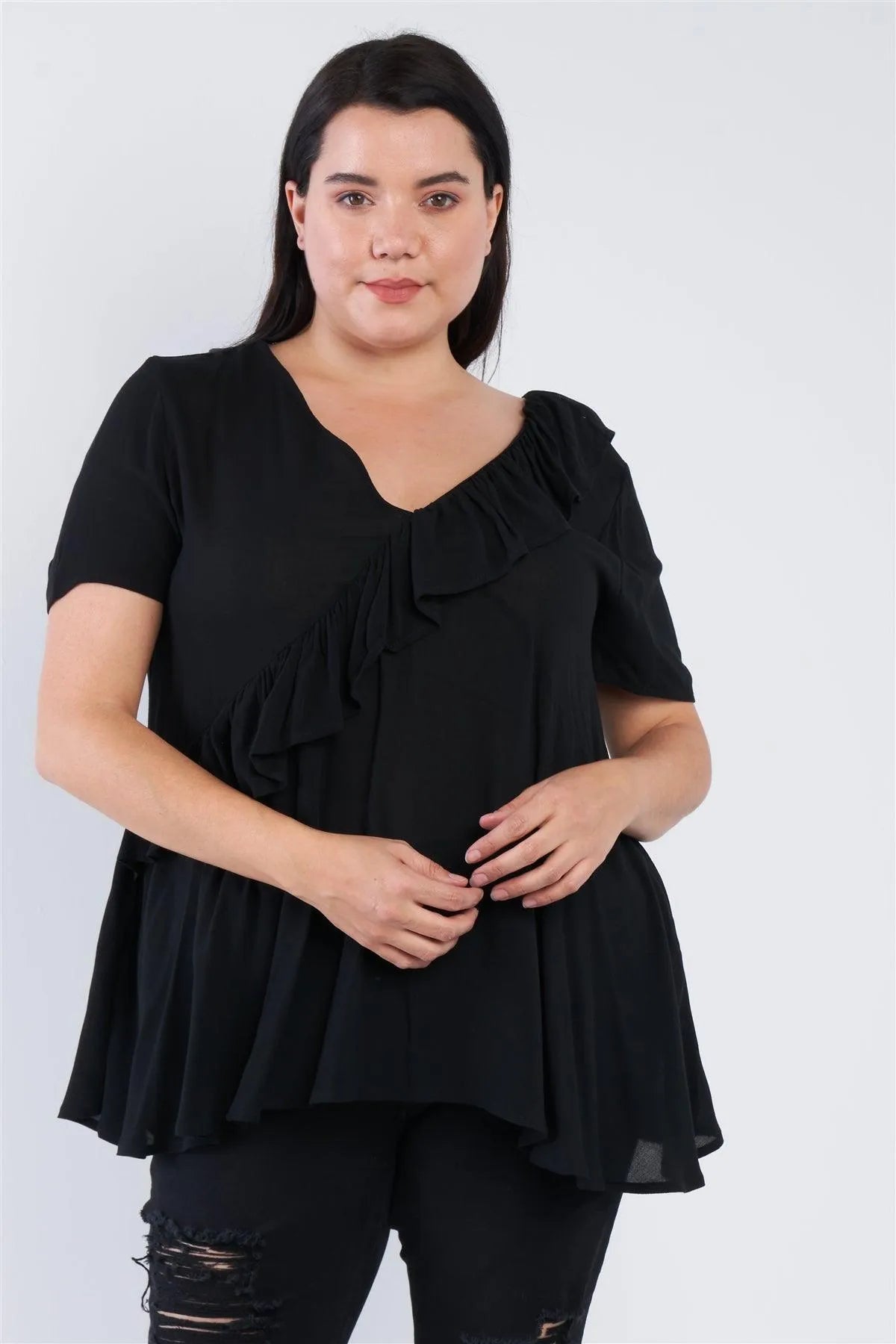 Junior Plus Size Black V-Neck Diagonal Ruffle Trim Short Sleeve Top /2-2-2 - Tasha Apparel Wholesale