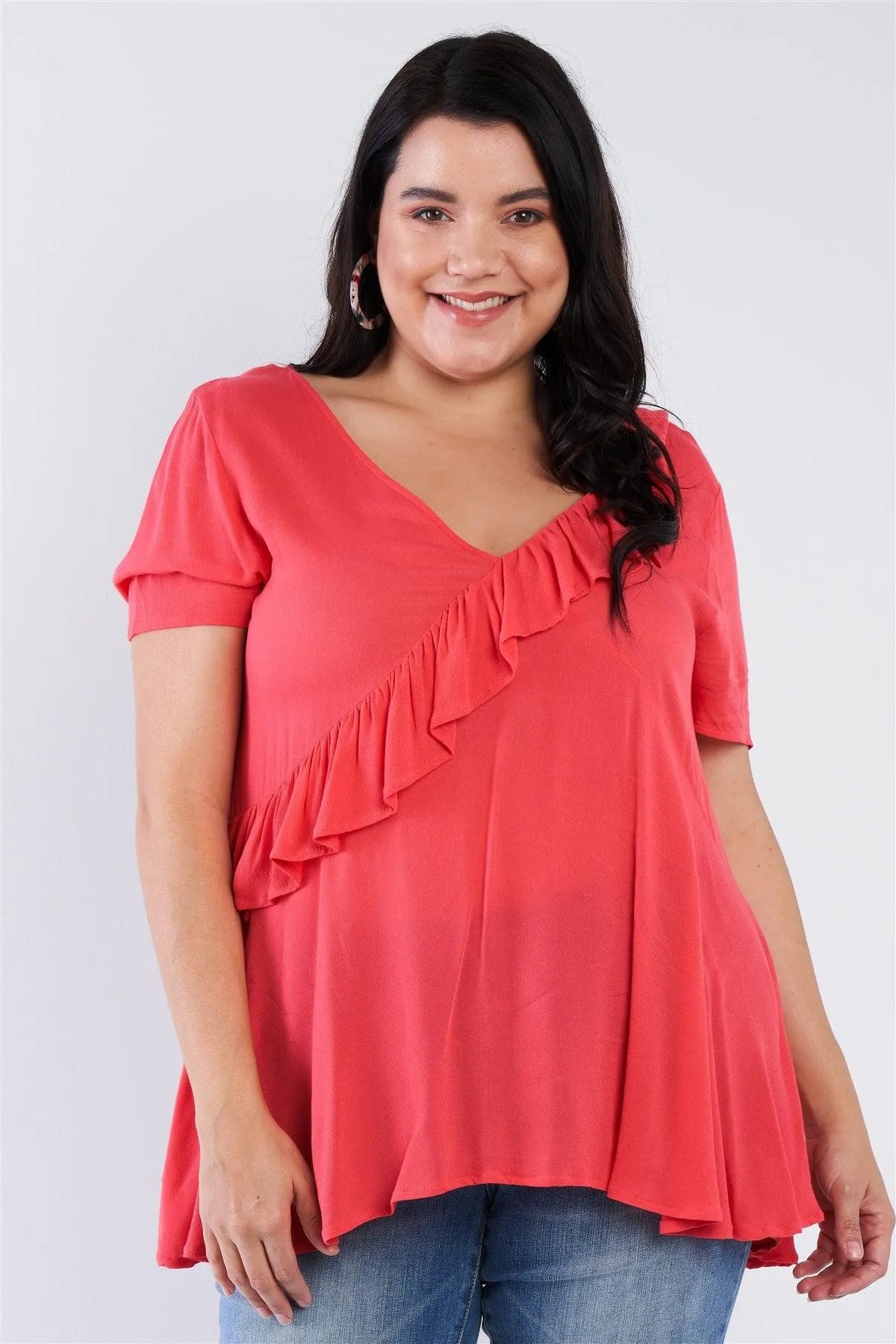 Junior Plus Size Coral Pink V-Neck Diagonal Ruffle Trim Short Sleeve Top /2-2-2 - Tasha Apparel Wholesale