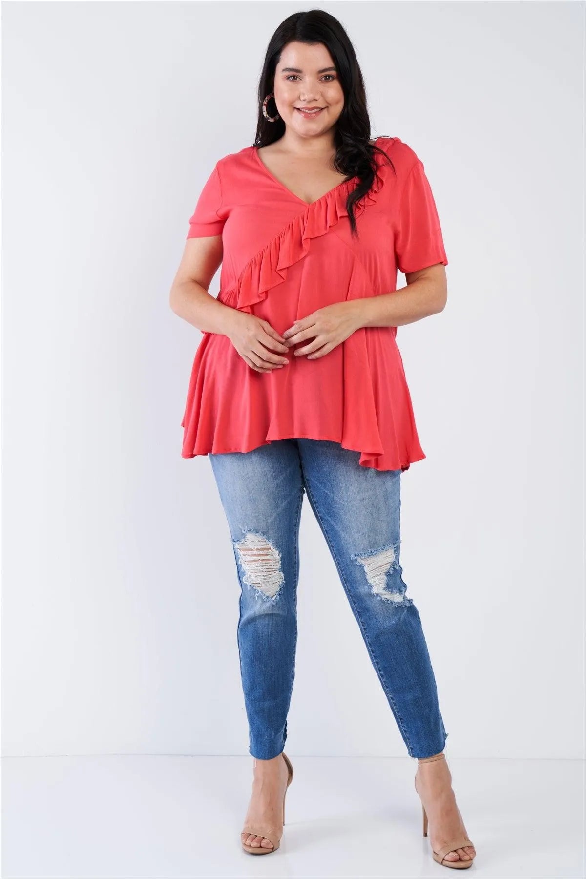 Junior Plus Size Coral Pink V-Neck Diagonal Ruffle Trim Short Sleeve Top /2-2-2 - Tasha Apparel Wholesale
