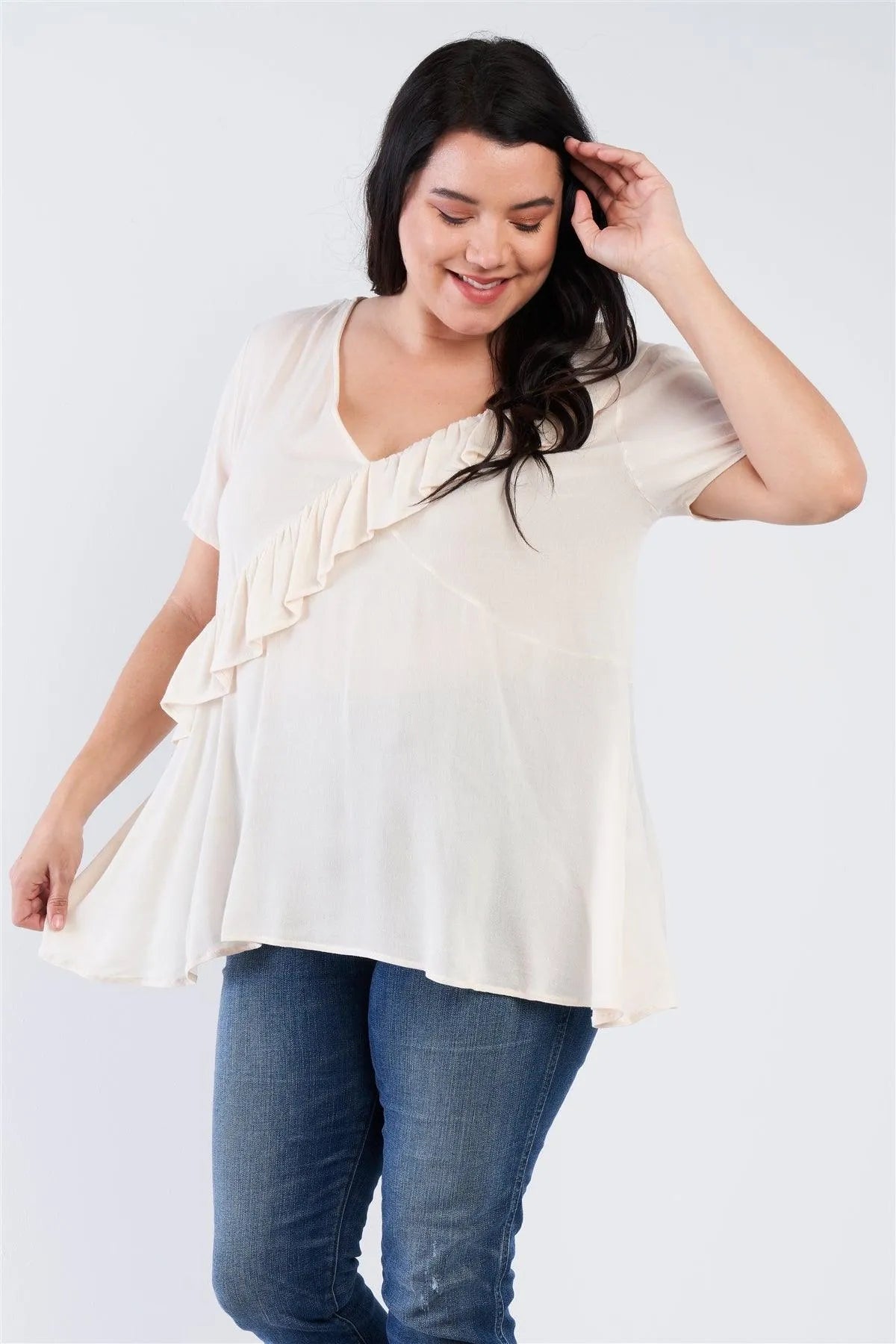 Junior Plus Size Ivory White V-Neck Diagonal Ruffle Trim Short Sleeve Top /2-2-2 - Tasha Apparel Wholesale