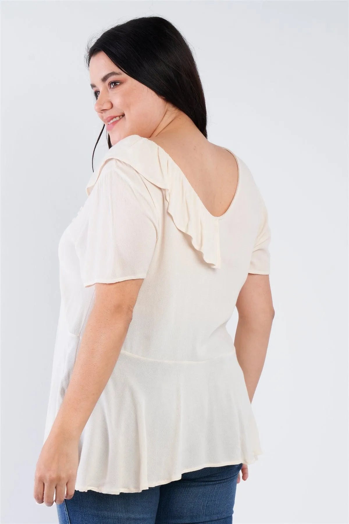 Junior Plus Size Ivory White V-Neck Diagonal Ruffle Trim Short Sleeve Top /2-2-2 - Tasha Apparel Wholesale