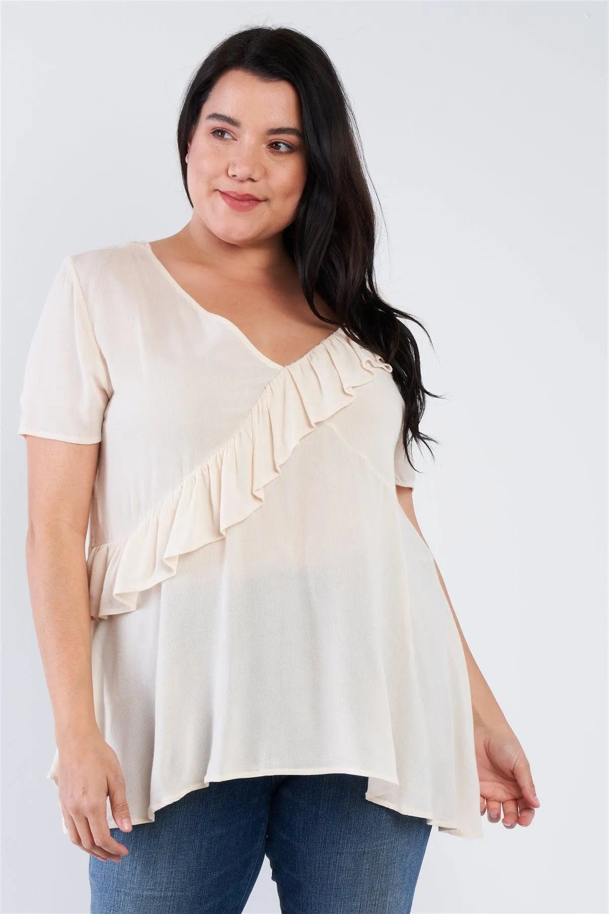 Junior Plus Size Ivory White V-Neck Diagonal Ruffle Trim Short Sleeve Top /2-2-2 - Tasha Apparel Wholesale