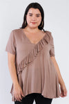 Plus Size Mocha Brown V-Neck Diagonal Ruffle Trim Short Sleeve Top /2-2-2 - Tasha Apparel Wholesale