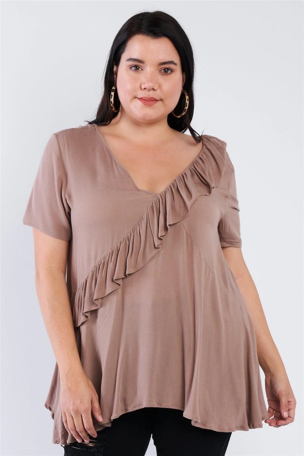 Plus Size Mocha Brown V-Neck Diagonal Ruffle Trim Short Sleeve Top /2-2-2 - Tasha Apparel Wholesale