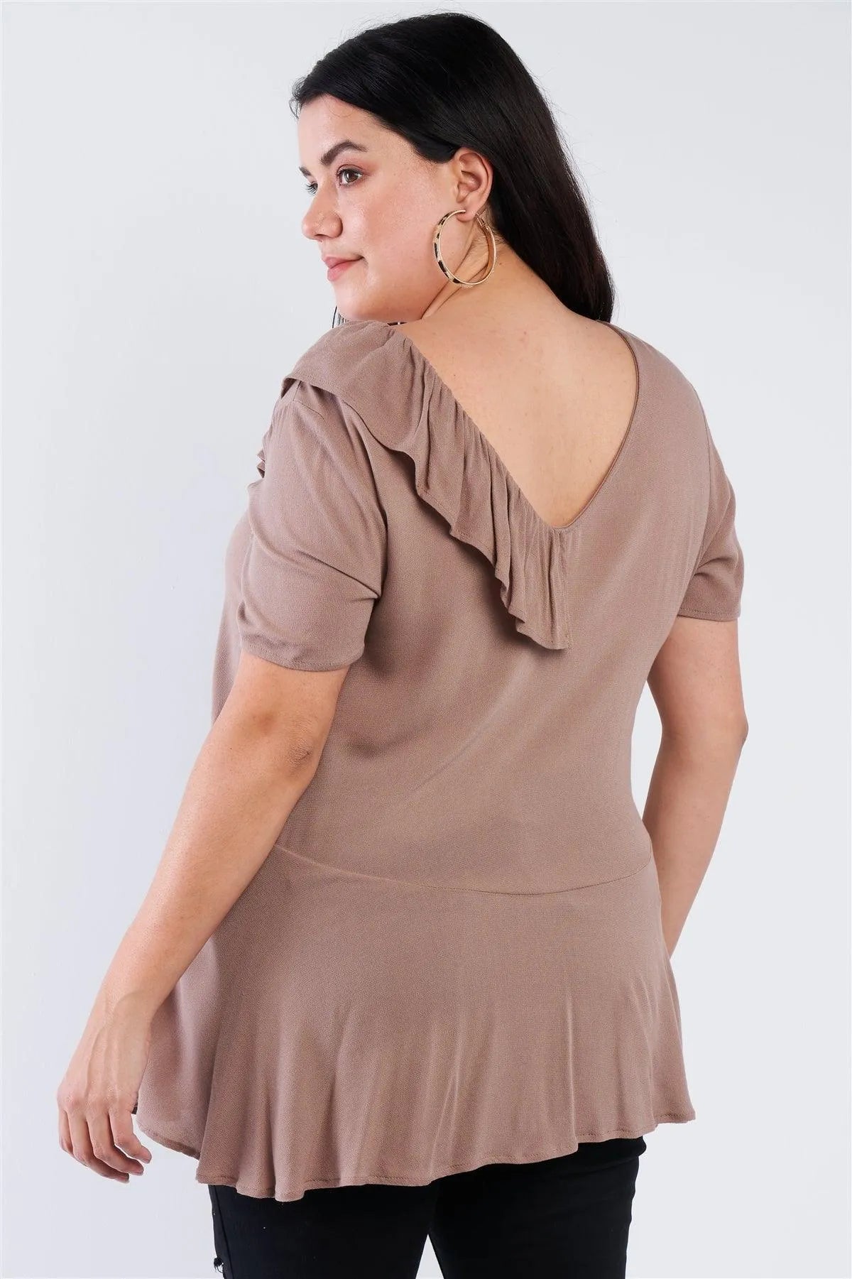 Plus Size Mocha Brown V-Neck Diagonal Ruffle Trim Short Sleeve Top /2-2-2 - Tasha Apparel Wholesale