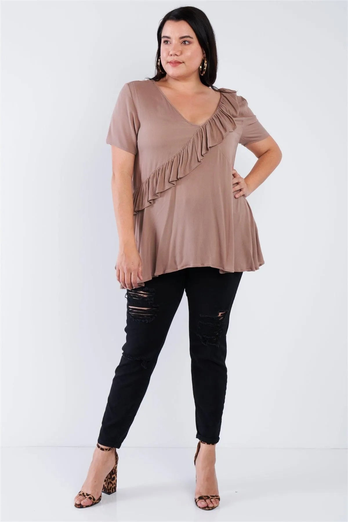 Plus Size Mocha Brown V-Neck Diagonal Ruffle Trim Short Sleeve Top /2-2-2 - Tasha Apparel Wholesale