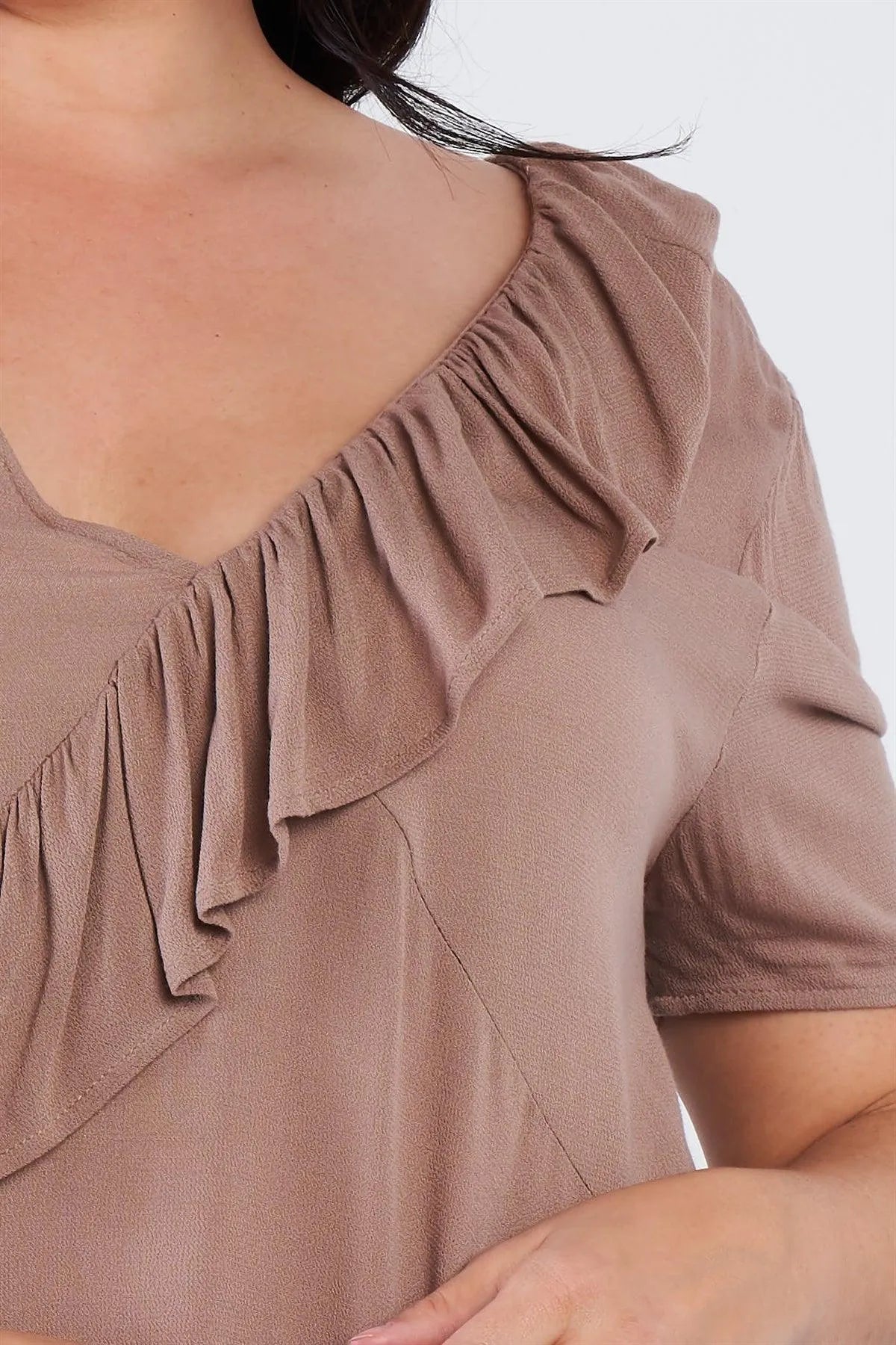 Plus Size Mocha Brown V-Neck Diagonal Ruffle Trim Short Sleeve Top /2-2-2 - Tasha Apparel Wholesale