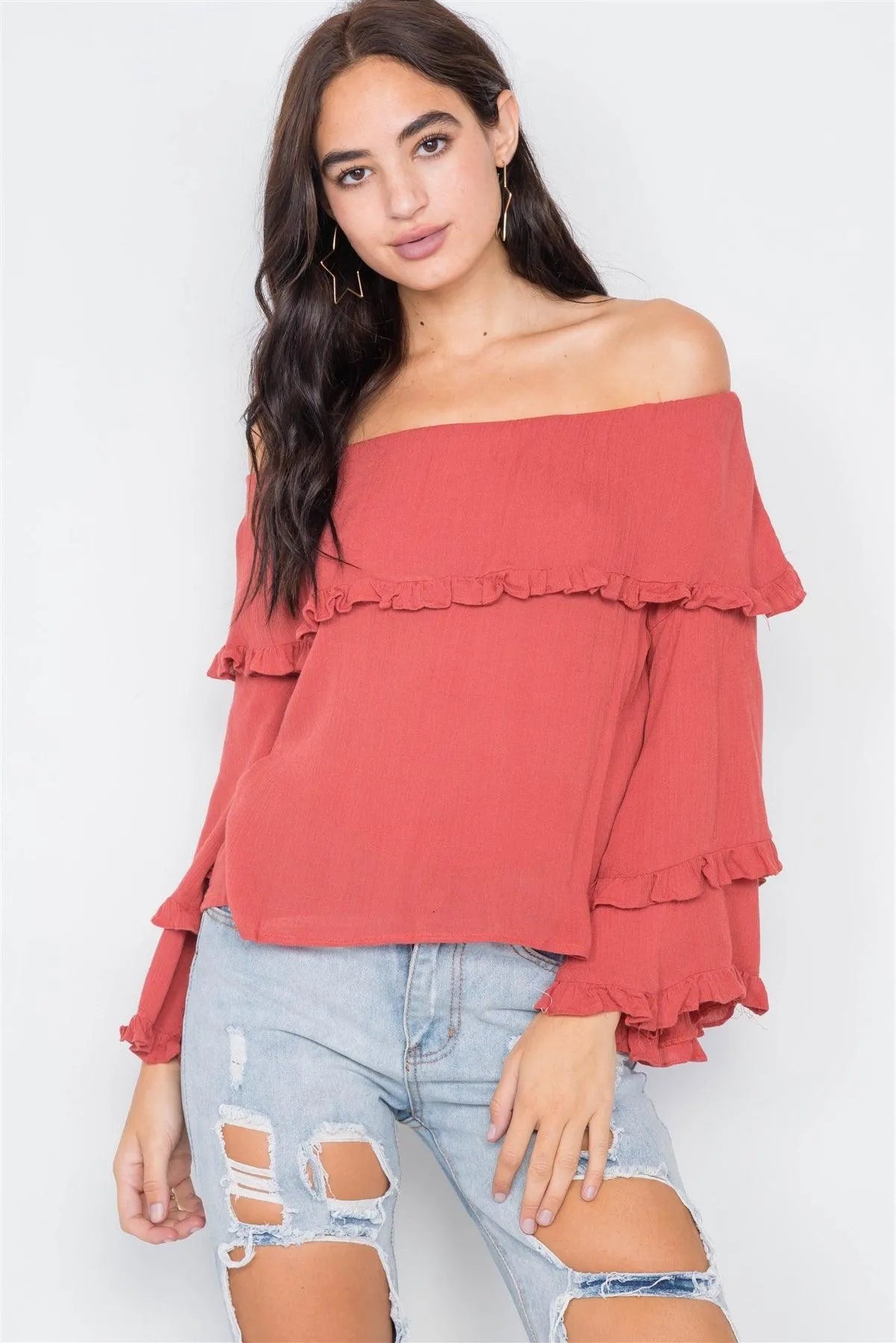 Rust Off-The-Shoulder Flounce Top /2-2-2 - Tasha Apparel Wholesale