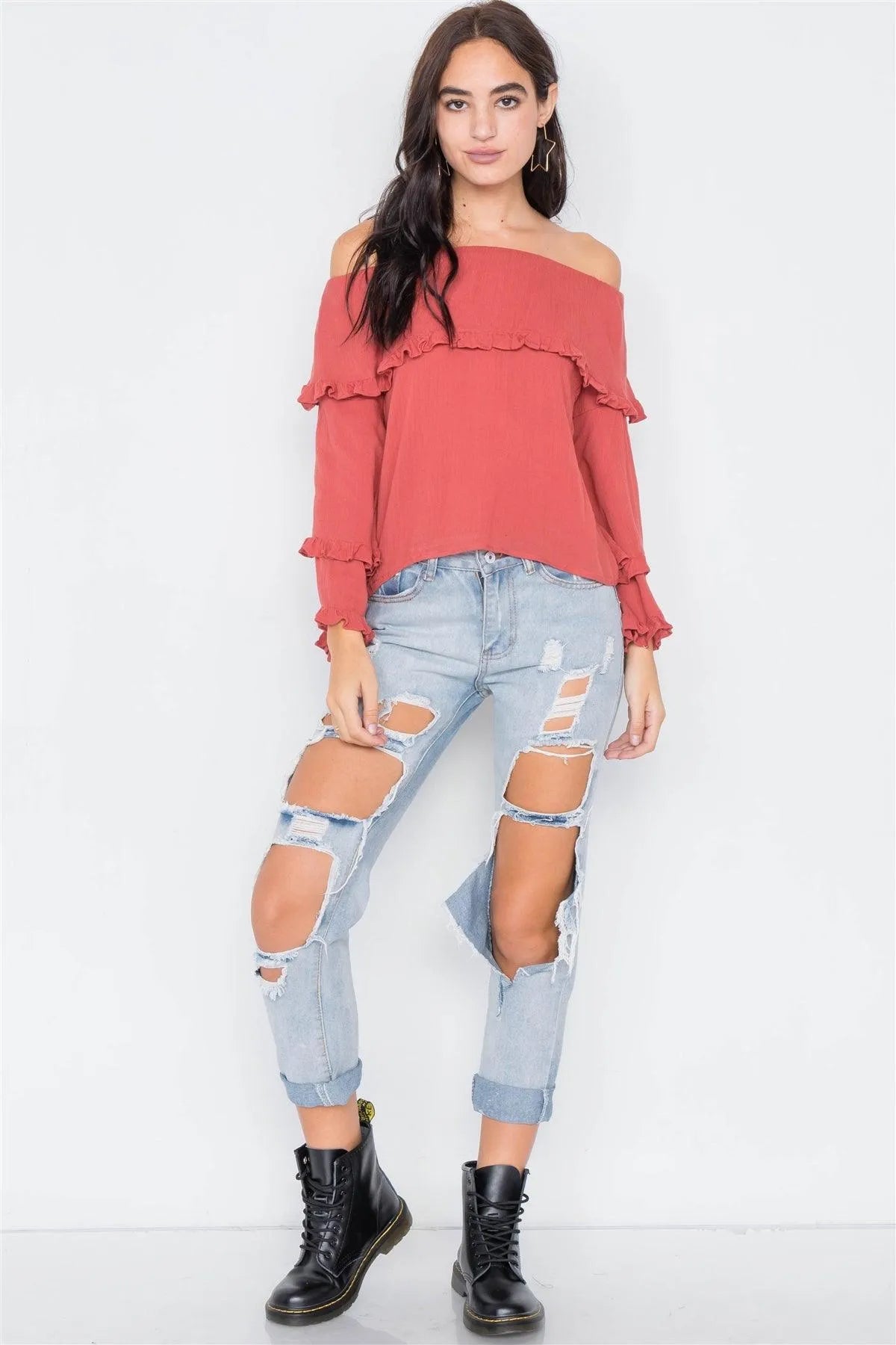 Rust Off-The-Shoulder Flounce Top /2-2-2 - Tasha Apparel Wholesale