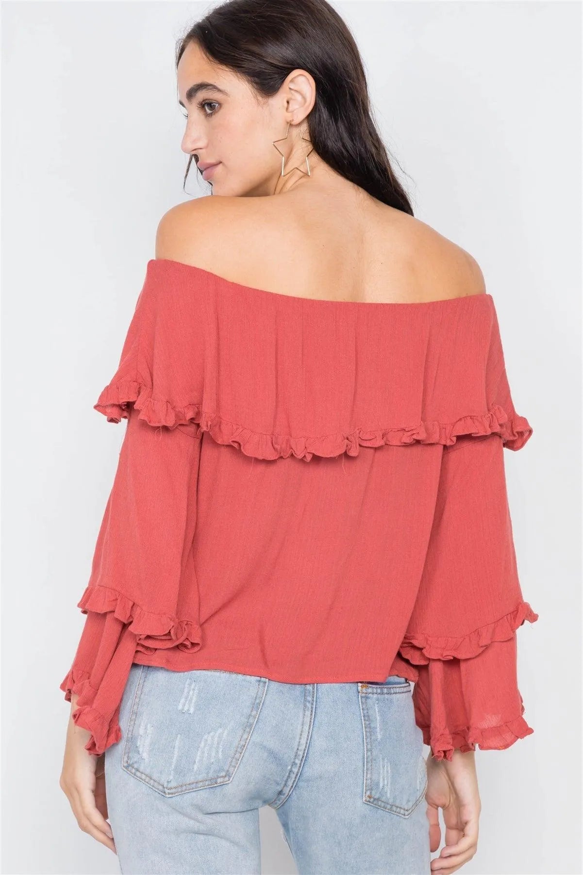 Rust Off-The-Shoulder Flounce Top /2-2-2 - Tasha Apparel Wholesale