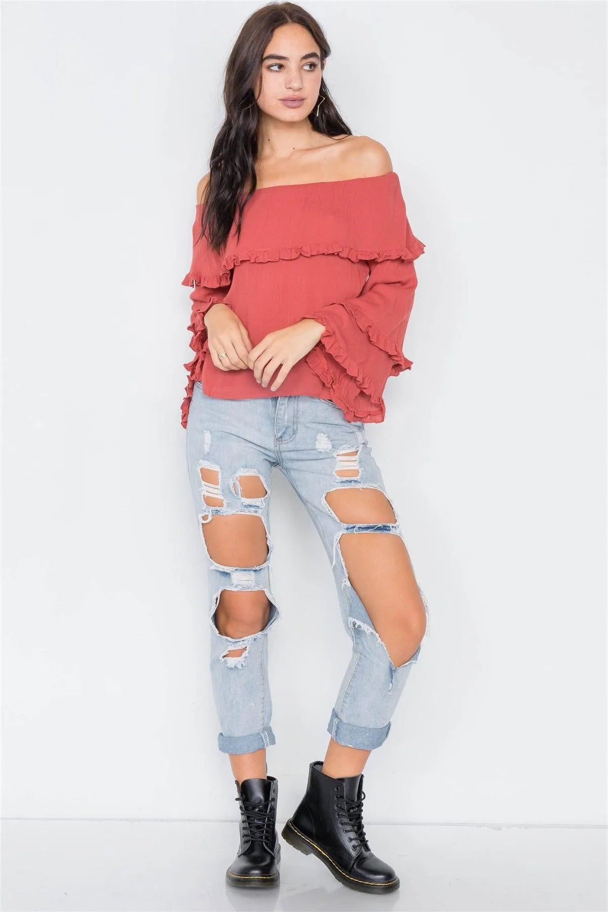 Rust Off-The-Shoulder Flounce Top /2-2-2 - Tasha Apparel Wholesale