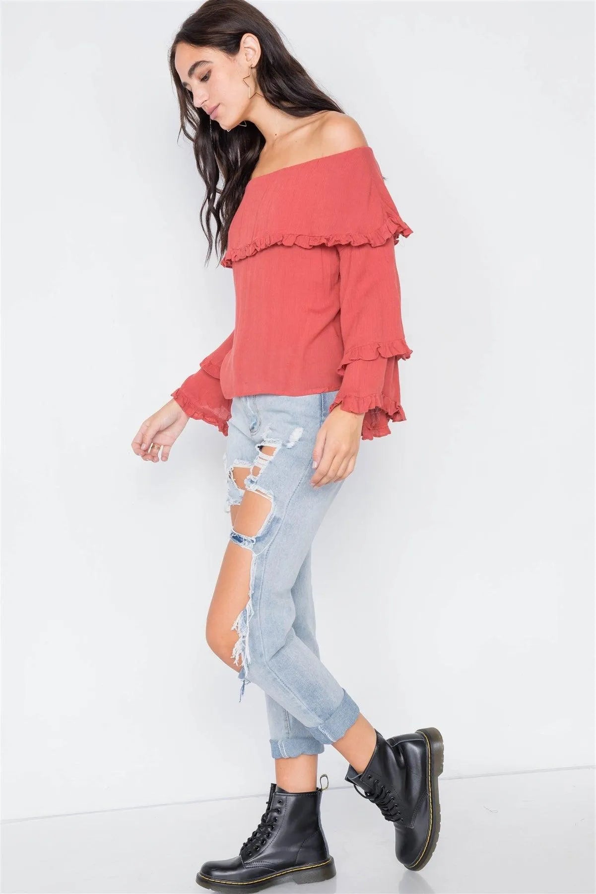Rust Off-The-Shoulder Flounce Top /2-2-2 - Tasha Apparel Wholesale