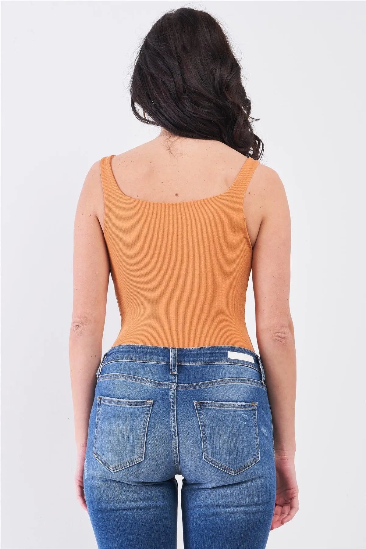 Mustard Rib Square Neck Sleeveless Fitted High Leg Bodysuit - Tasha Apparel Wholesale