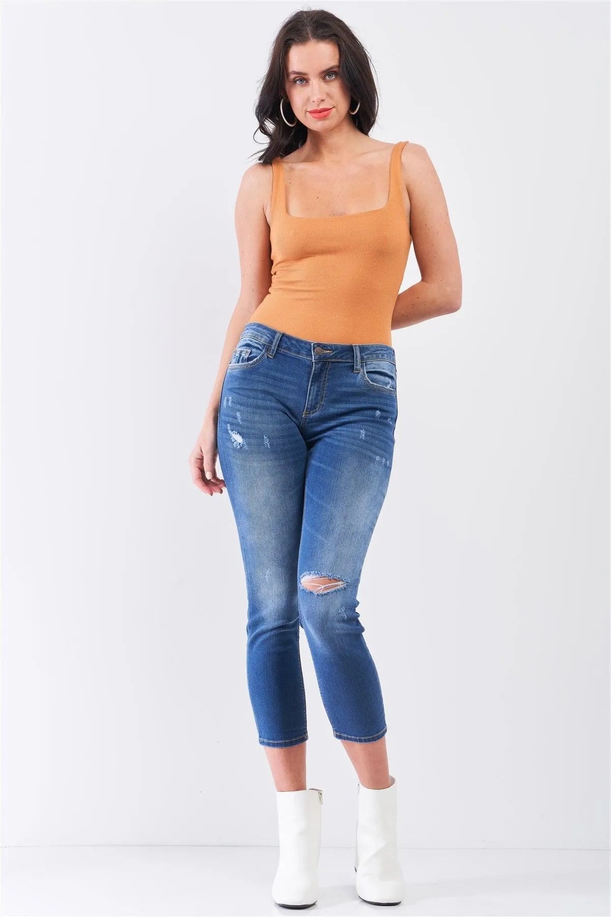 Mustard Rib Square Neck Sleeveless Fitted High Leg Bodysuit - Tasha Apparel Wholesale