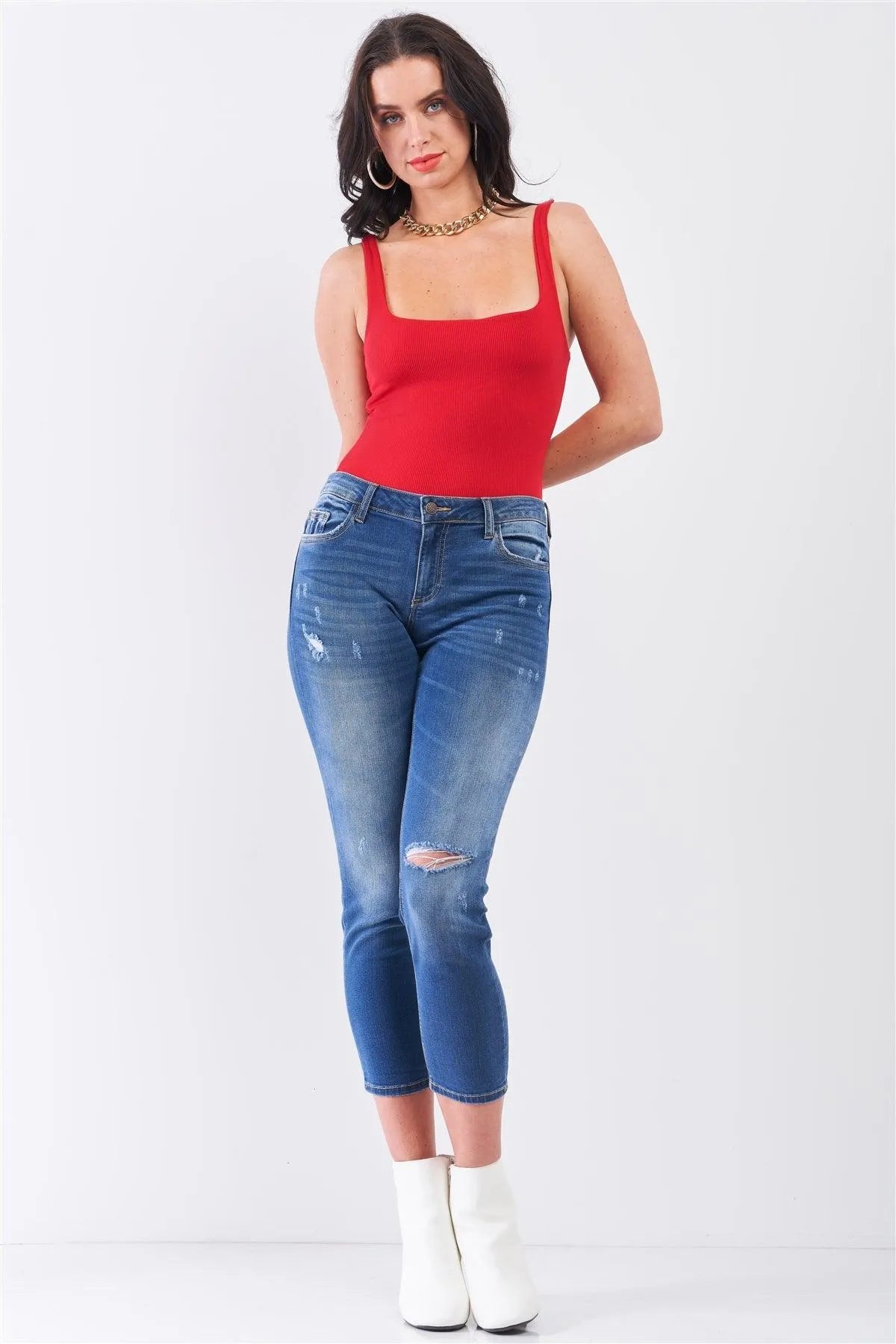 Red Rib Square Neck Sleeveless Fitted High Leg Bodysuit - Tasha Apparel Wholesale
