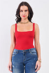 Red Rib Square Neck Sleeveless Fitted High Leg Bodysuit - Tasha Apparel Wholesale