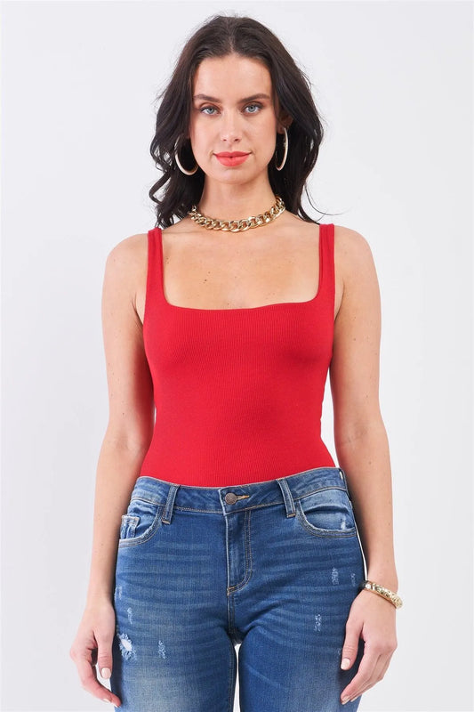 Red Rib Square Neck Sleeveless Fitted High Leg Bodysuit - Tasha Apparel Wholesale