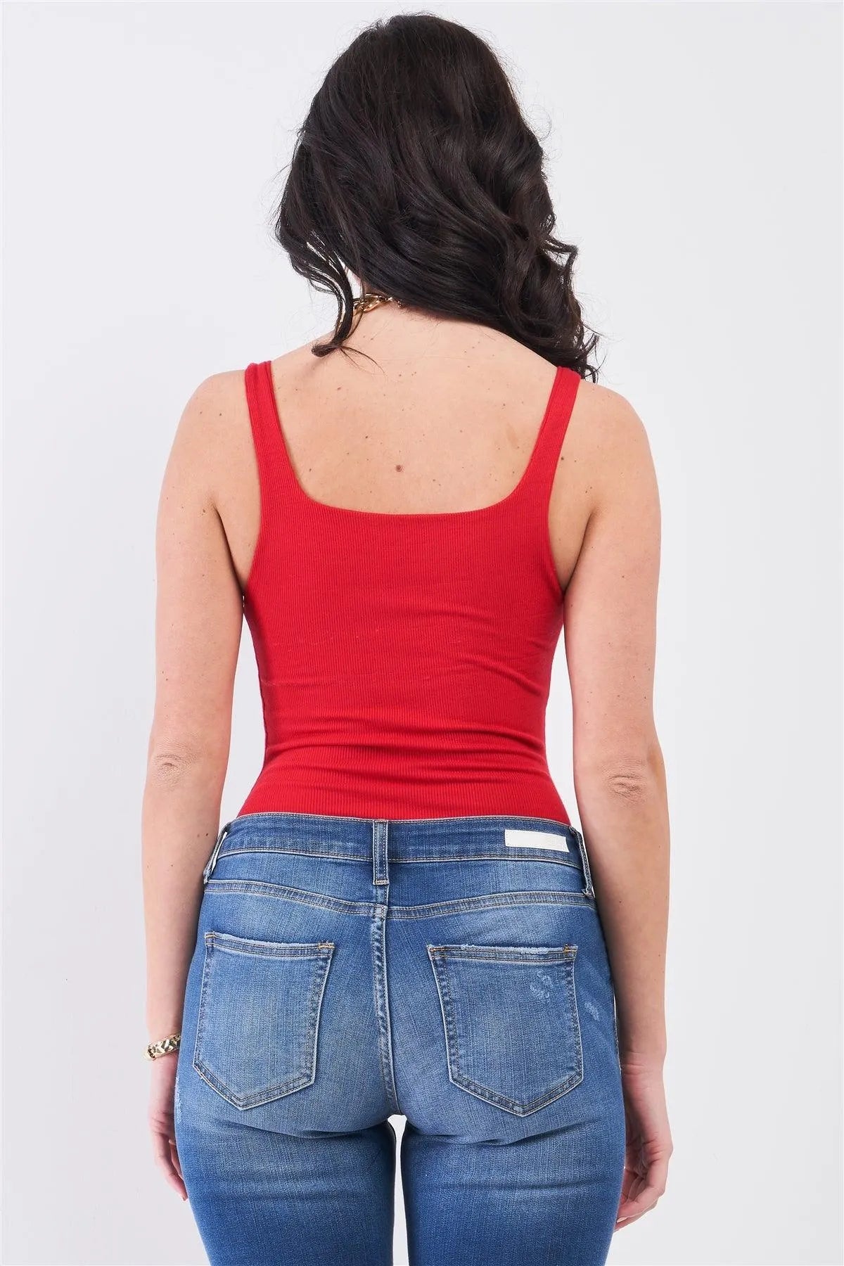 Red Rib Square Neck Sleeveless Fitted High Leg Bodysuit - Tasha Apparel Wholesale