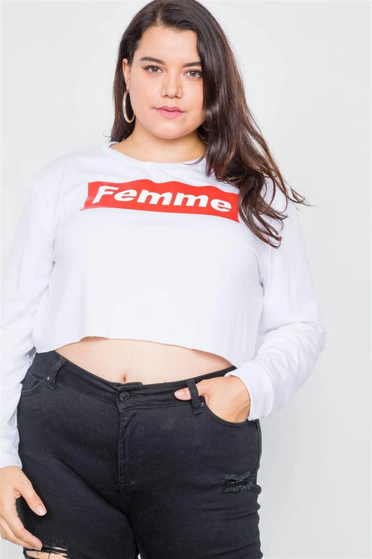 Junior Plus Size White 'FEMME" Cozy Crop Sweater /2-2-2 - Tasha Apparel Wholesale